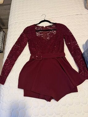 Burgundy Lace Long Sleeve Romper with Belt-BURGUNDY